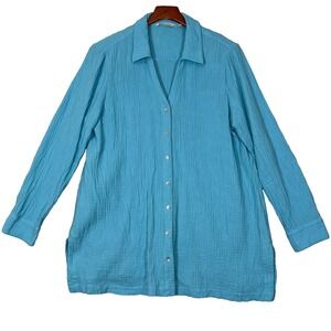 Soft‎ Surroundings Blouse Womens XL Blue Escambia Gauze Tunic Shirt Button Up
